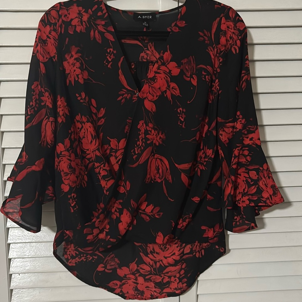 A. Byer Black Blouse with Red Floral Design